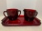 Red Glass Tray with Creamer and Sugar