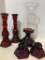 Avon Ruby Red Glass Candlesticks and Hurricane Candle