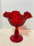 Red Glass, Hobnail, Raised Candy Dish