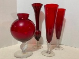 Group of Red Glass Vases and Bud Vases as Pictured