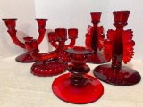 Group of Red Glass Candle Holders as Pictured