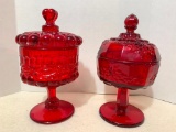 Two, Raised Red Candy Dishes with Lids
