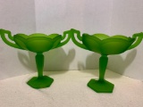 Pair of Double Handled, Green Glass, Raised Candy Dishes