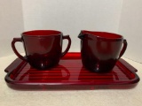 Red Glass Tray with Creamer and Sugar