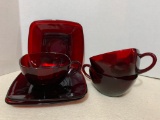 Set of 3 Ruby Glass Cups and Saucers