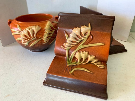 Roseville Bookends and Vase
