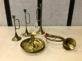 Set of Three Brass Candle Sticks, Another Brass Candle Stick and Decorative Trumpet