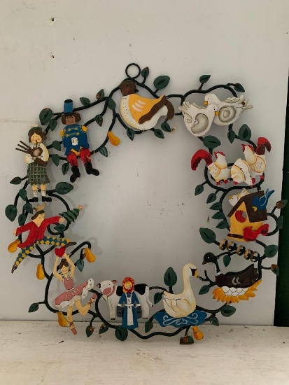 Metal, Folk Art Wreath of the Twelve Days of Christmas, 18" Diameter