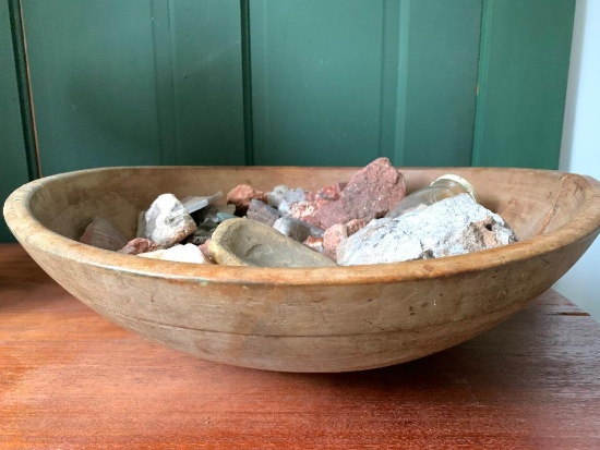 Group of Decorative Stones and Rocks in 17" Diameter Wood Bowl