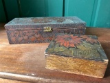 Pair of Antique, Burned Wood, Glove and Trinket Boxes