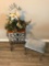 Wrought iron and Wood Table and Stool with Decorative Deer and Faux Flower Display