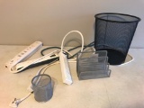 Wire Trash Can, Surge Protectors, Small File Holder and Pen Holder