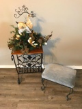 Wrought iron and Wood Table and Stool with Decorative Deer and Faux Flower Display