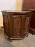 Wood End Table with Glass Over Oriental Disign on Top