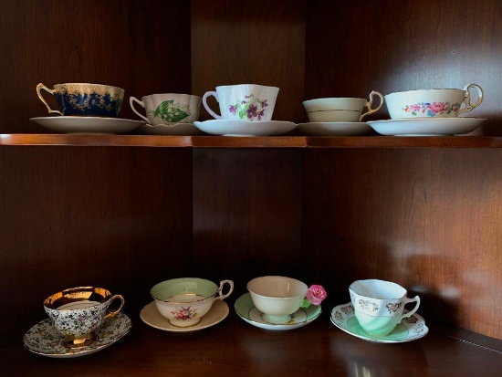 Group of 9 English Tea Cups and Saucers