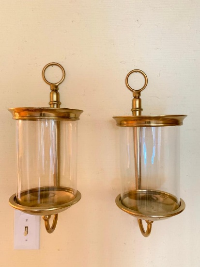 Pair of Wall Mounted Brass and Glass Candle Holders