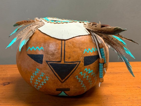 Painted, Southwest Style Gourd with Feathers