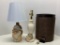 1 Small Marble Lamp, 1 Small Glass Lamp, Trash Can