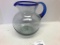 Blown Glass Applied Handled Pitcher with Blue Accents, 9 inches Tall