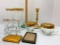 Group of Gold Overlay Glass, Brass Candle Stick, Small Sewing Kit and Vintage Frame