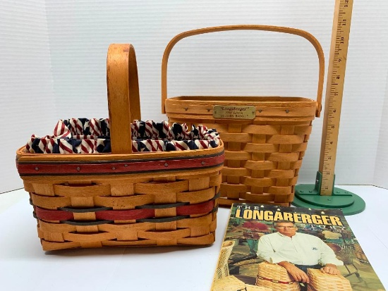 Pair of Longaberger Baskets with Book. The Largest Basket is 7" Tall and 9" Wide