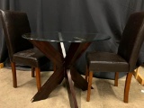Glass Top Table with Faux Leather Chairs, Table has Wood Base