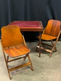 Wooden Framed Card Table With Two Wooden Folding Chairs (American Seating Company)