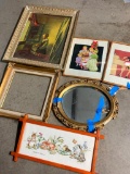 Vintage Group of Pictures with Mirror, Most in Busted Condition, Frame