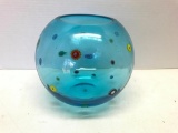 Blue, Glass Bowl with Floral Accents, Ground Top, 7 inches Tall