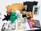 A Lot of Gund Stuffed Animals, Playing Cards, Artist Chalk in Wood Case and Purse