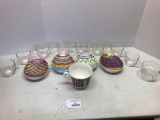 Group of Federal Glass Punch Bowl Cups and Ceramic Eggs