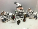 Group of Resin Santa Claus Banks with 2 Brass Reindeer and Armadillo, Tallest Santa 11 inches Tall