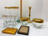 Group of Gold Overlay Glass, Brass Candle Stick, Small Sewing Kit and Vintage Frame