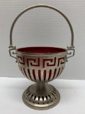 Metal Candy Dish with Red Glass Insert and Handle