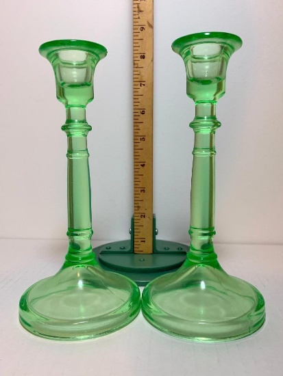 Pair of Light Green Glass Candle Holders. These Items are 7.5" Tall