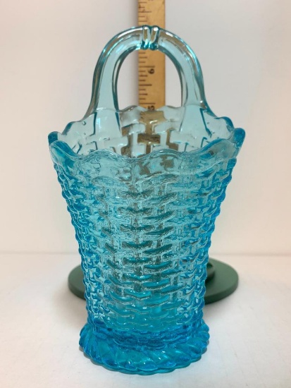 Blue Glass Vase with Basket Weave Design. This Item is 6.5" Tall