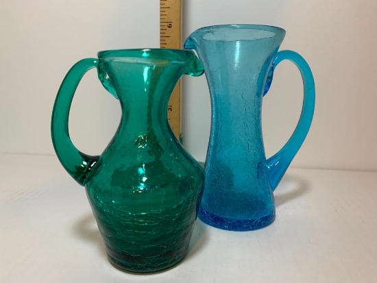 Pair of Crackle Glass Mini Pitchers. The Tallest Item is 5.25"