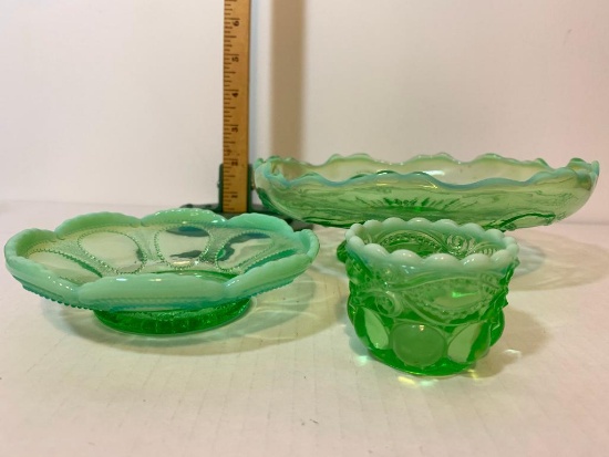 3 Piece Lot of Light Green Glass Candy Dishes. The Largest Item is 7.5" Diameter