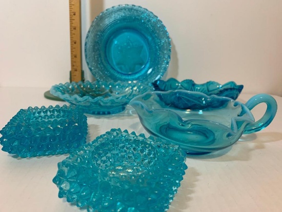 6 Piece Lot of Colored Blue Glass. the Largest Item is 7" Diameter