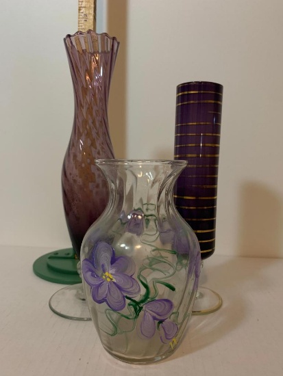 3 Piece Lot of Colored Purple Glass. The Tallest Item is 9.75"