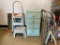 Group of Two Step Folding Ladders, Lawn Chairs, Cabinent Four Drawers Distressed, Platic Stool