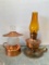 Two Copper Oil Lamps with Glass Chimenys Tallest 8 inches