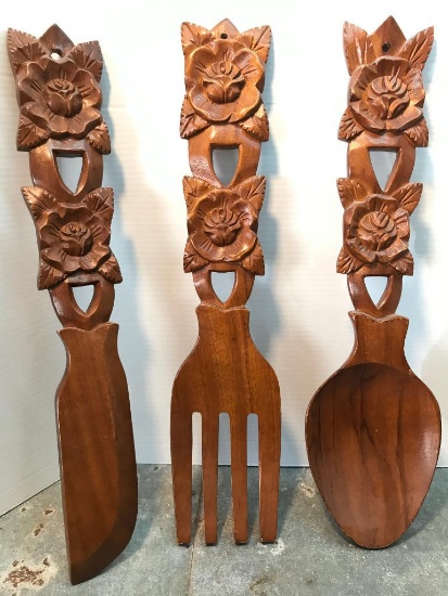 Three, Large Hand Carved Utensils