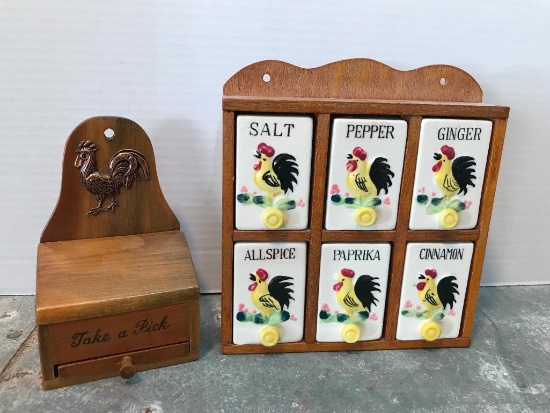 Nice, Little Porcelain and Wood Spice Rack and Wood Tooth Pick Dispenser