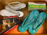 Three Vintage Japanese Lady Shoes with Straw Hat in Box