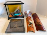 Oriental Accent Lot with figure in Glass Case, Case is Damaged