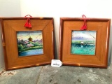 Nice Set of Bamboo Framed And Painted Japanese Ceramic Tiles