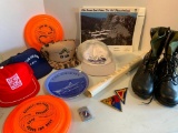 Military Lot of Boots, Hats, Posters, Damaged Lighter and More!