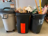 Plastic Trash Can Lot, Contains Various Items in 3 Trash Cans, As Pictured, One Can is Missing Lid