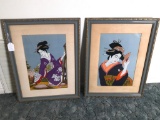 Two, Very Nice, Vintage Japanese, Hand Made, Crewel Style Stitch, Framed Art Pieces